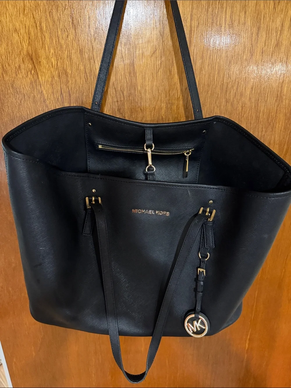 Michael Kors Black Leather Saffiano Tote with Gold Accent Charm